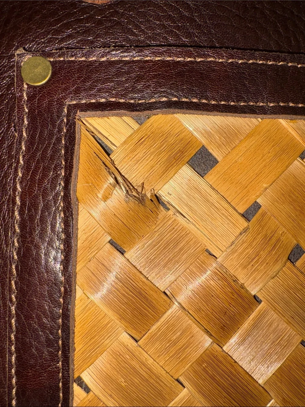 Braided Handle Brown Leather Tote with Woven Front Panel